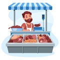 Meat stall, a salesman behind a counter sells sausages, meat and delicacies. Cartoon illustration